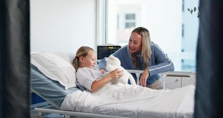 Hospital bed, teddy bear and mom with child for support, comforting and care after surgery or treatment. Healthcare, medical service and mother with girl and toy for diagnosis, results and recovery - Powered by Adobe