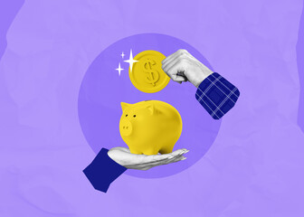 Yellow piggy bank and coin with hands on purple background, saving money concept.
