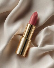 Luxurious lipstick on soft fabric surface, showcasing elegance and beauty. rich color and sleek design create sophisticated aesthetic, perfect for makeup enthusiasts