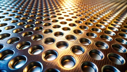 Obraz premium Abstract Metal Surface with Circular Holes Pattern, High Depth of Field, Textured Background, Industrial Design, Modern Aesthetic, Creative Visuals, Artistic Metalwork, Unique Patterns