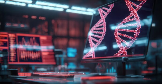 DNA analysis on computer screens. Red and blue hues illuminate the lab setting, showing data and research on a monitor display. - Powered by Adobe
