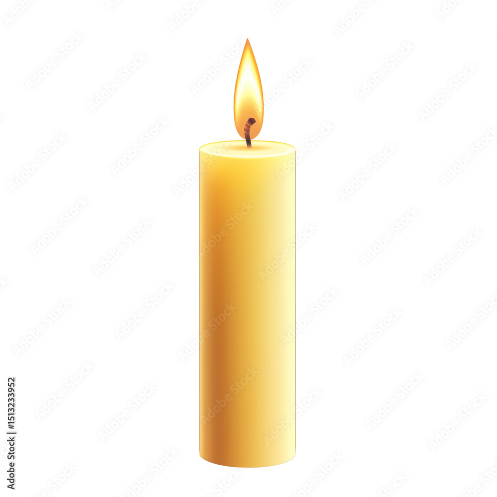 Poster glowing yellow candle with flickering flame, symbolizing warmth and tranquility. Perfect for creating cozy atmosphere in any setting