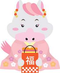 午年・2026年｜花柄の着物を着た女の子と福袋の年賀イラスト