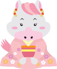 午年・2026年｜花柄の着物で正座する女の子の年賀イラスト