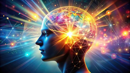 Abstract Studio Photography of Open Head with Bright Light Fragments and Geometric Forms in Tilt-Shift Style for Exploring the Subconscious Realm of Creativity and Imagination