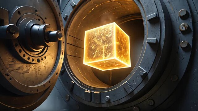 Glowing golden cube emerging from open industrial vault door in high-tech setting, futuristic energy source, 