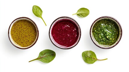 Cutout of honey mustard, chimichurri, and beetroot sauce, isolated on a PNG transparent background