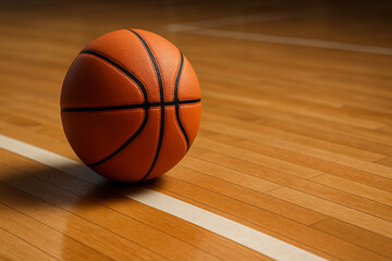 Basketball on Indoor Wooden Court with Warm Light. An orange basketball resting on a wooden indoor court floor, lit warmly to highlight texture and realism.

