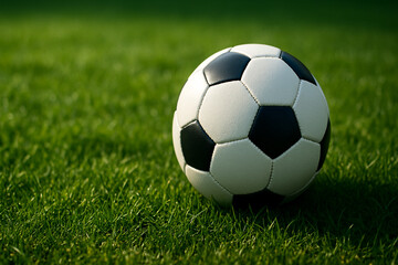 Fototapeta premium Classic Black and White Soccer Ball on Green Grass Field. A traditional black and white soccer ball resting on a lush green field, perfect for sports and fitness themes. 