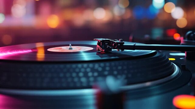 Turntable vinyl record player for dj music entertainment in blue and pink lights