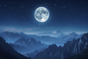 Majestic full moon over serene mountain range night sky