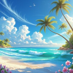 Obraz premium Pristine beach with turquoise waves gently lapping against white sand