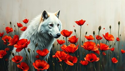 Grungy oil painting of white wolf amidst red poppies, heavy brushstrokes,   floral,  grunge