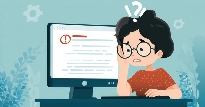 Frustrated person facing error on computer screen, seeking help. An error prompt appears with the user looking confused and perplexed.