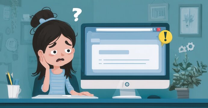Confused girl with question mark and computer alert, symbolizing frustration and technical issues in a home office setting.