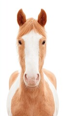 A tan and white horse faces the camera against a white background, showcasing its gentle expression and upright ears.