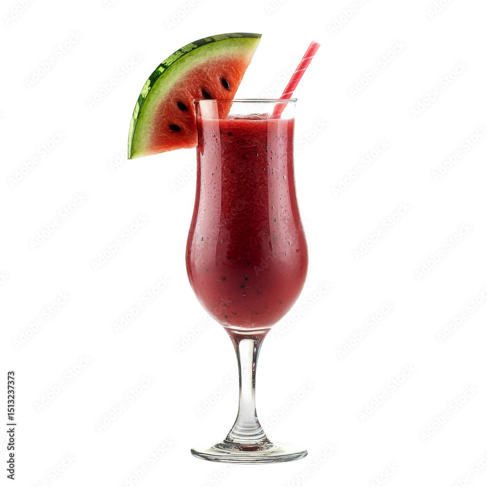 Poster refreshing watermelon smoothie in tall glass with slice of watermelon and straw. perfect for summer 