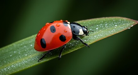 Fototapeta premium Ladybug on Leaf with Water Droplets