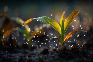 Emerging maize seedling on dark soil glistening with dew drops, illuminated by soft sunlight in an agricultural field.