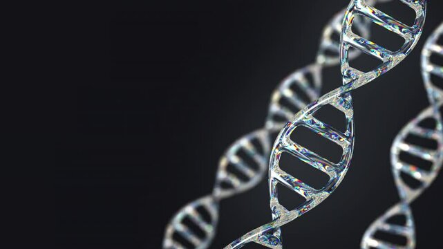 Transparent, iridescent DNA double helix. Rotating holographic glass molecular structure, soft focus. Ideal for medical, scientific, biotech. 4K loop 3d rendering animation. - Powered by Adobe