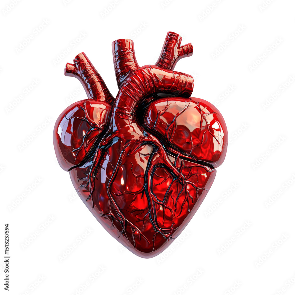 Poster realistic 3d rendering of human heart, showcasing intricate details and vibrant red color, symbolizi