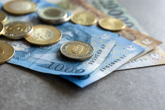 close-up side view of hungarian forint coins and banknotes
