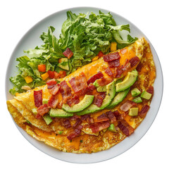 Delicious omelette with bacon, avocado, and cheese served with fresh salad