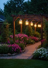 Fototapeta premium Illuminated Garden Path with Lanterns at Night
