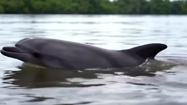 Amazon river dolphin swimming in the river water in its habitat