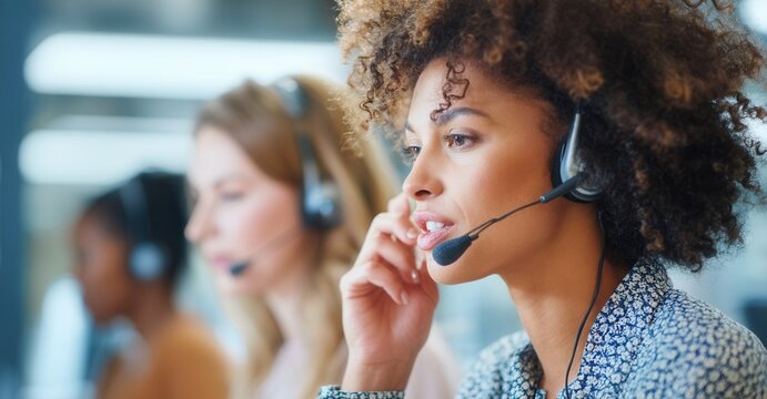 Team of customer service representatives working in an office setting, wearing headsets, and providing customer support over the phone.