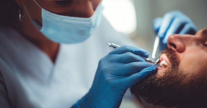 Dental professional examines patient's mouth with tools. Hygiene maintenance, care and prevention are essential for healthy gums and teeth.