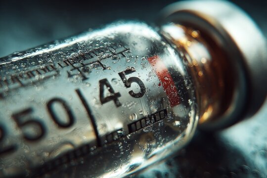 Detailed close-up of a glass vial with a graduated scale, water droplets on surface, pharmaceutical research laboratory equipment