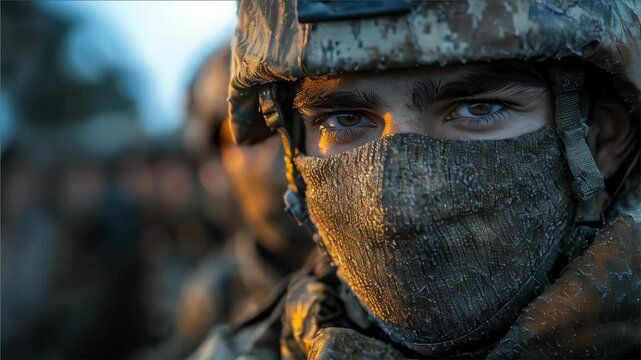 A group of soldiers in camouflage uniforms stands ready for action as the sun sets. Their focused expressions show determination and readiness for their next mission in the field.