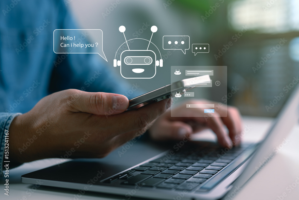 Poster AI virtual assistant and chatbot technology concept with smartphone and laptop interface. Perfect for smart lifestyle, customer service automation, and daily use of artificial intelligence.