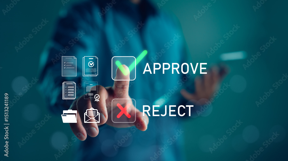 Poster Approval and rejection interface concept with document icons and finger pressing green check mark. Ideal for digital workflow, decision making, business automation, and document review themes.