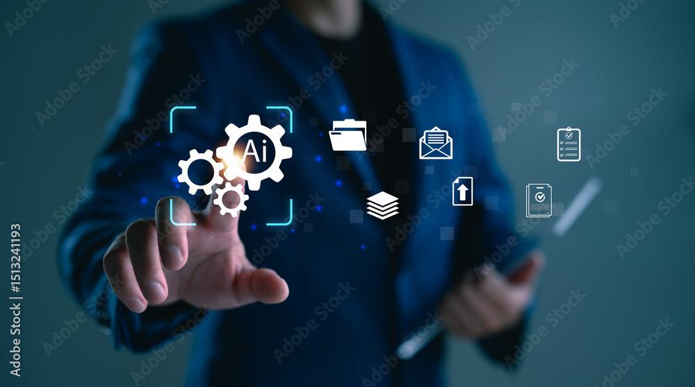 Poster ai document management system concept with businessman touching virtual gear icons and digital file 