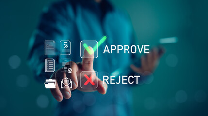 Approval and rejection interface concept with document icons and finger pressing green check mark. Ideal for digital workflow, decision making, business automation, and document review themes.