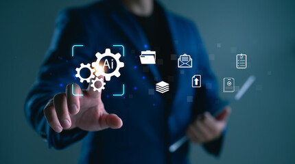 AI document management system concept with businessman touching virtual gear icons and digital file interface. Perfect for automation, paperless workflow, data processing, and smart office.