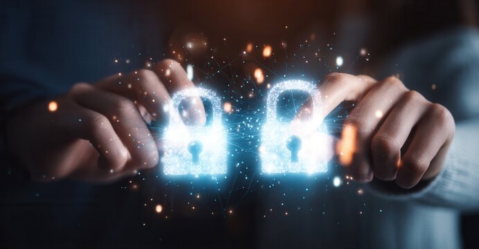 Person holding two glowing lock icons, suggesting cybersecurity, data protection, and secure connection in the digital space.