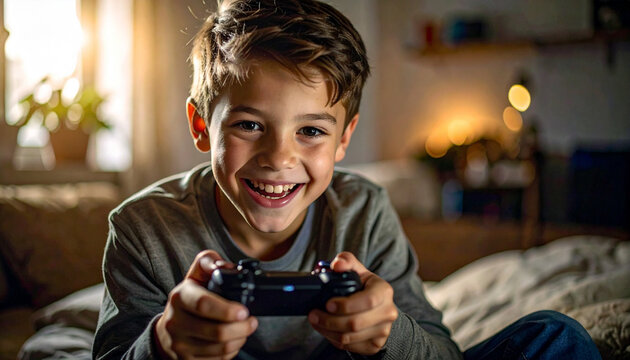 boy in dark t-shirt playing game in  his room feeling happy, AI Generated