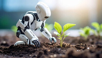 small robot planting a sprout