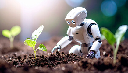 small robot planting a sprout