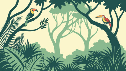 Generated AI Tropical Rainforest Scene Monochrome Vector Illustration of Toucans in Lush Foliage
