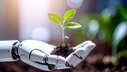 robot hand holding green sprout with one hand, AI Generated