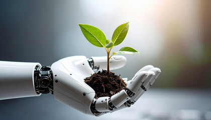 robot hand holding green sprout with one hand, AI Generated