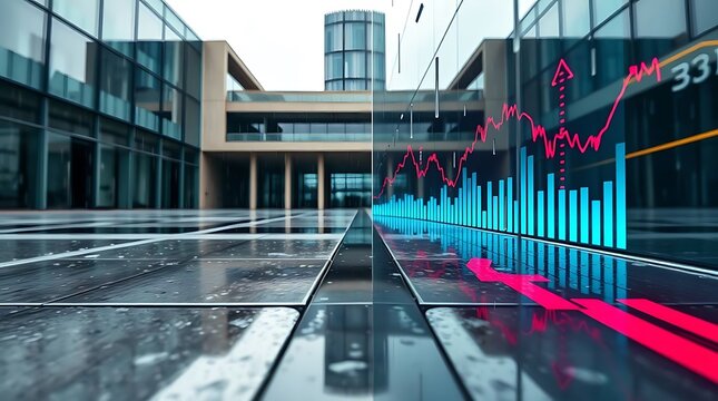 Modern cityscape with financial data projected onto a glass facade
