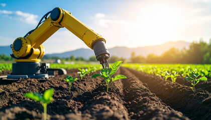 automatic robot arm harvesting plant in field against sunset, AI Generated