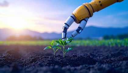 automatic robot arm harvesting plant in field against sunset, AI Generated
