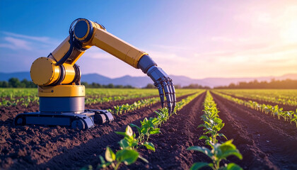 automatic robot arm harvesting plant in field against sunset, AI Generated