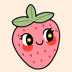 Kawaii Strawberry with Starry Eyes - Cute Fruit Illustration
